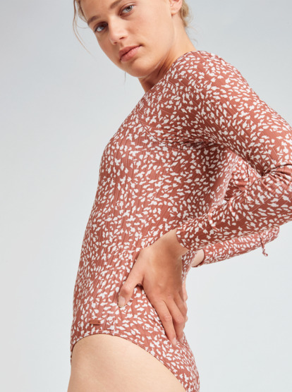 1 Roxy Love Printed Long Sleeve UPF 50 Swimsuit Brown ERJWR03615 Roxy