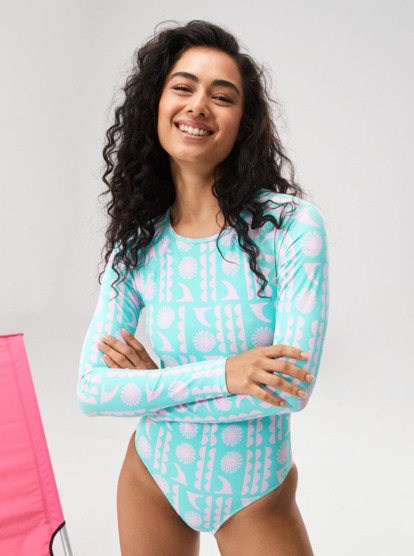 6 Womens Surf Saavy Long Sleeve One-Piece Swimsuit Blue ERJWR03718 Roxy