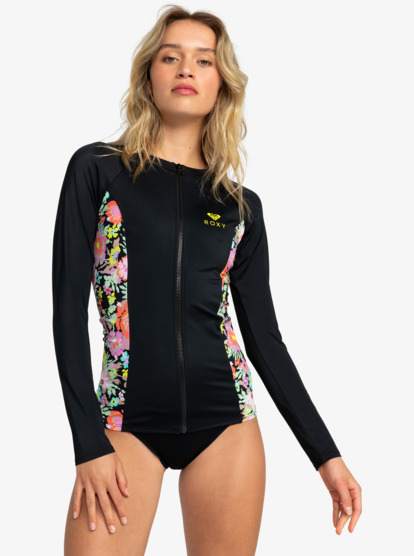 0 Womens ROXY Active Long Sleeve Zipped Rash Vest Black ERJWR03733 Roxy