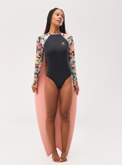 3 Womens ROXY Active Long Sleeve One-Piece Swimsuit Black ERJWR03734 Roxy
