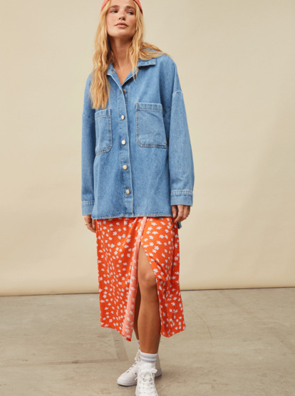 12 Womens Our Love Shacket Denim Jacket Blue URJJK03027 Roxy