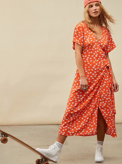 7 Womens Indigo Sand Midi Wrap Dress Orange URJWD03156 Roxy