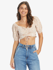 roxy, Flirty Walk Printed Ruched Crop Top, TAPIOCA PRETTY PAISLEY (teh6) Flirty Walk Printed - Ruched Crop Top for Women ARJKT03402