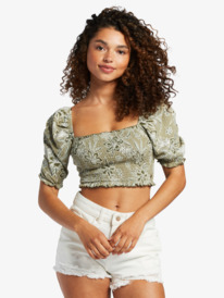 roxy, Sunset Walks - Puff Sleeve Crop Top for Women, DEEP LICHEN WILD OASIS (tpc6) Sunset Walks - Puff Sleeve Crop Top for Women ARJKT03404