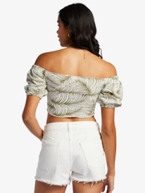 roxy, Flirty Walk Printed Ruched Cropped Top With Puff Sleeves, PALM TREE DREAMS (gng9) FLIRTY WALK PRINTED ARJKT03411