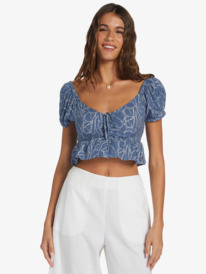 roxy, Clearwater Cove Short Length Short Sleeve Top, BIJOU BUE LINEAR FLORAL (bng6) CLEARWATER COVE TOP ARJWT03320