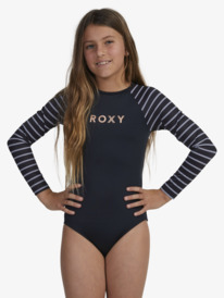 roxy, Girls 6-16 Swim For Good Time Long Sleeve One-Piece Rashguard, ANTHRACITE DOUBLE STRIPE HOR S (kvj3) SWIM FOR GOOD TIME BICO ONESIE ERGWR03314