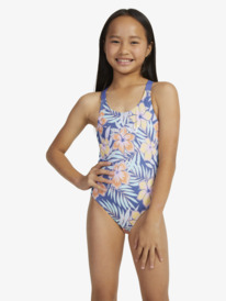 6 Girls 6-16 Funky Palm Cross Back One-Piece Swimsuit Blue ERGX103168 Roxy