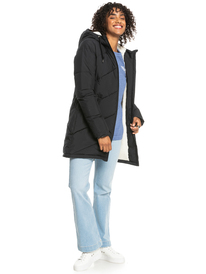 4 Womens Better Weather Longline Hooded Puffer Jacket Black ERJJK03567 Roxy