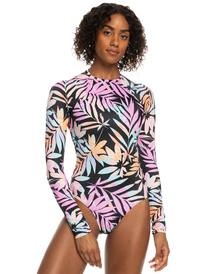 roxy, Roxy Active UPF 50 Long Sleeve Back Zip One Piece Swimsuit, ANTHRACITE ZEBRA JUNGLE (kvj4) ROXY ACTIVE LS ONESIE BACK ZIP ERJWR03672