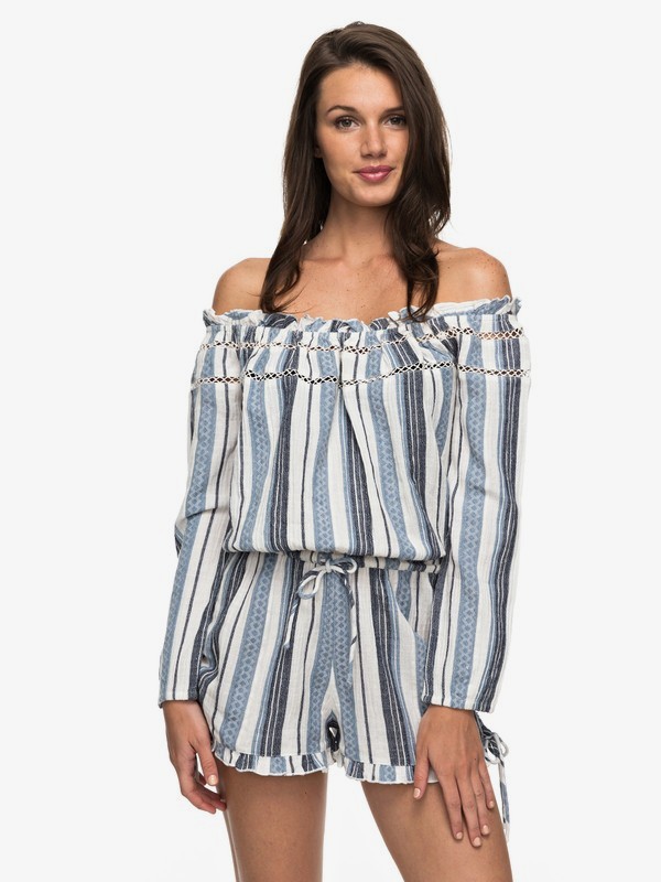 roxy, Anthem - Off-The-Shoulder Playsuit, BLUE DEPTHS TOBAGO STRIPE (bta3) 0 Anthem - Off-The-Shoulder Playsuit Blue ARJWD03177 Roxy