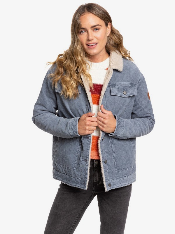 roxy, Bright Night Sherpa-Lined Corduroy Trucker Jacket, TURBULENCE (kym0) 0 Bright Night Sherpa-Lined Corduroy Trucker Jacket Black ERJJK03334 Roxy