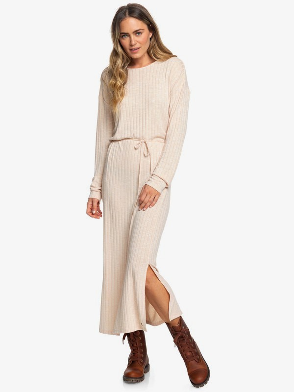 roxy, The Winter Dress - Maxi Vestito Corto a Maniche Lunghe in Punto a Coste da Donna, METRO HEATHER (tenh) 0 The Winter Dress - Maxi Vestito Corto a Maniche Lunghe in Punto a Coste da Donna Beige ERJKD03269 Roxy