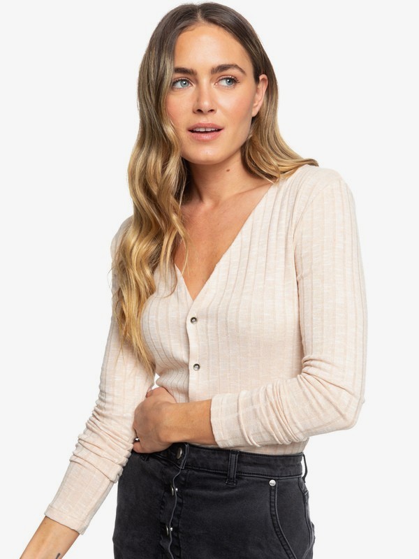 roxy, Try And Loves - Haut manches longues côtelé boutonné pour Femme, METRO HEATHER (tenh) 0 Try And Loves - Haut manches longues côtelé boutonné pour Femme Beige ERJKT03563 Roxy