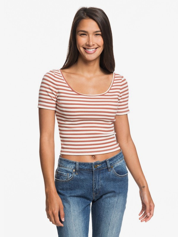 roxy, Sister Hey U Rock Short Sleeve Cropped Ribbed Top, COOPER BROWN GOLDEN TAN HORI (cnb3) 0 Sister Hey U Rock Short Sleeve Cropped Ribbed Top Brown ERJKT03593 Roxy
