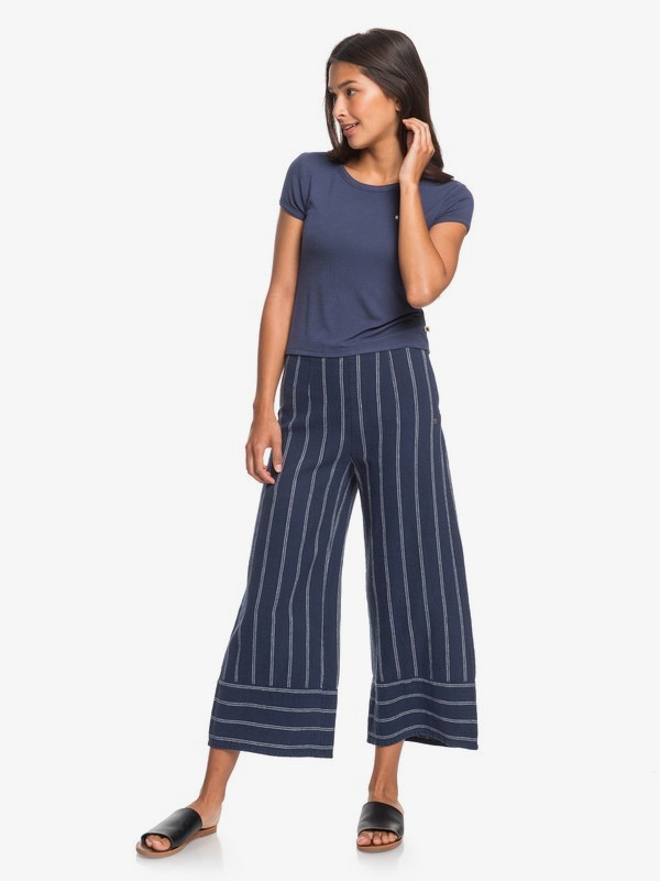 roxy, Tell Me Ok High Waist Wide Leg Linen Pants, MOOD INDIGO TWIN STRIPES (xwbb) 0 Tell Me Ok High Waist Wide Leg Linen Pants White ERJNP03270 Roxy