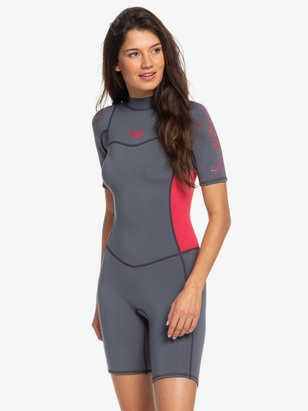 roxy, 2/2mm Syncro Short Sleeve Back Zip FLT Springsuit, DEEP GREY/SCARLET (xkkm) 0 2/2mm Syncro Short Sleeve Back Zip FLT Springsuit Pink ERJW503007 Roxy