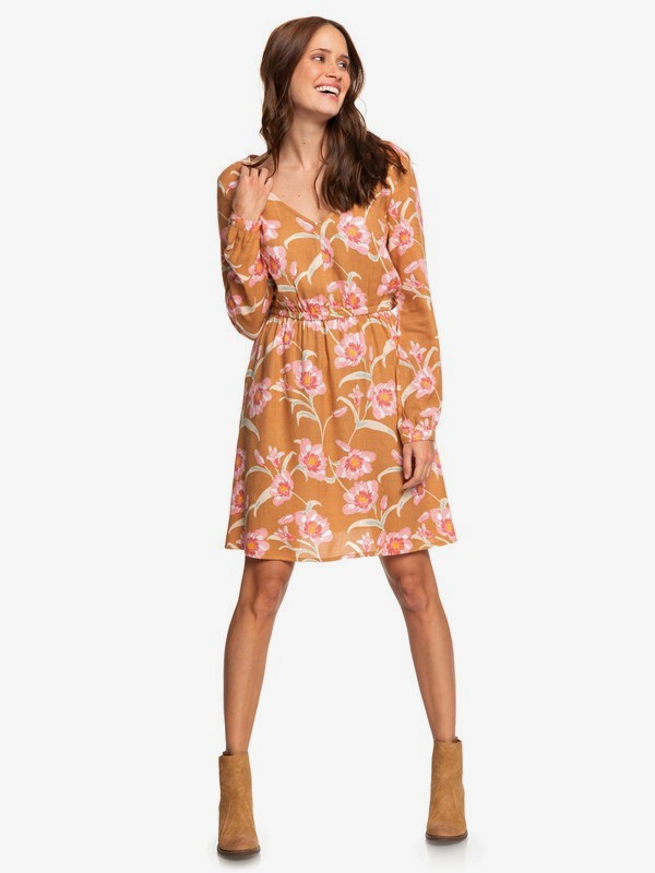 roxy, Heatin Up - Long Sleeve V-Neck Dress for Women, CHIPMUNK SURFIN LOVE (cmw6) 0 Heatin Up - Long Sleeve V-Neck Dress for Women Brown ERJWD03357 Roxy