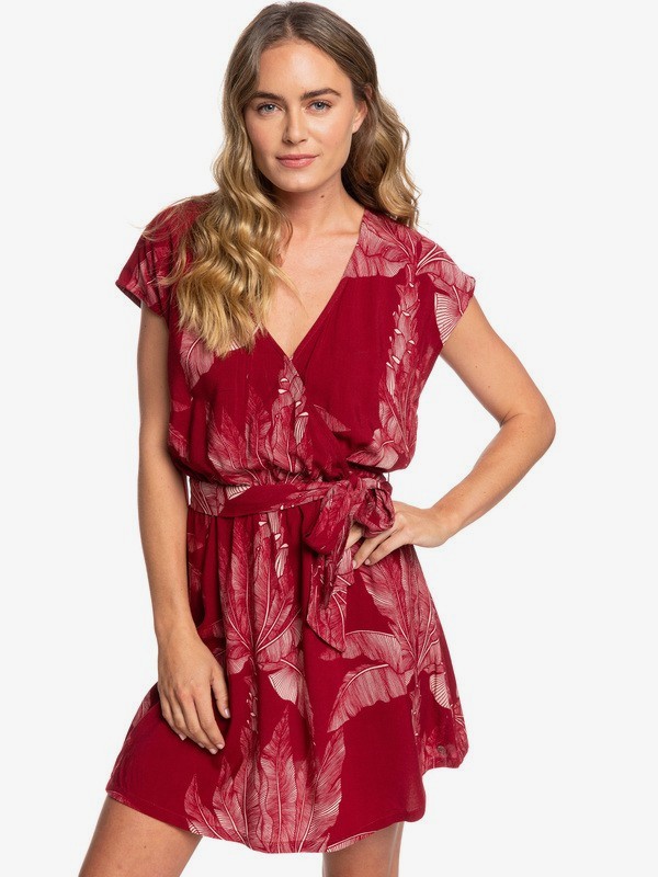 roxy, Peace Of Mind Short Sleeve Wrap Dress, RHUBARB BANANA TREE (rze6) 0 Peace Of Mind Short Sleeve Wrap Dress Red ERJWD03379 Roxy