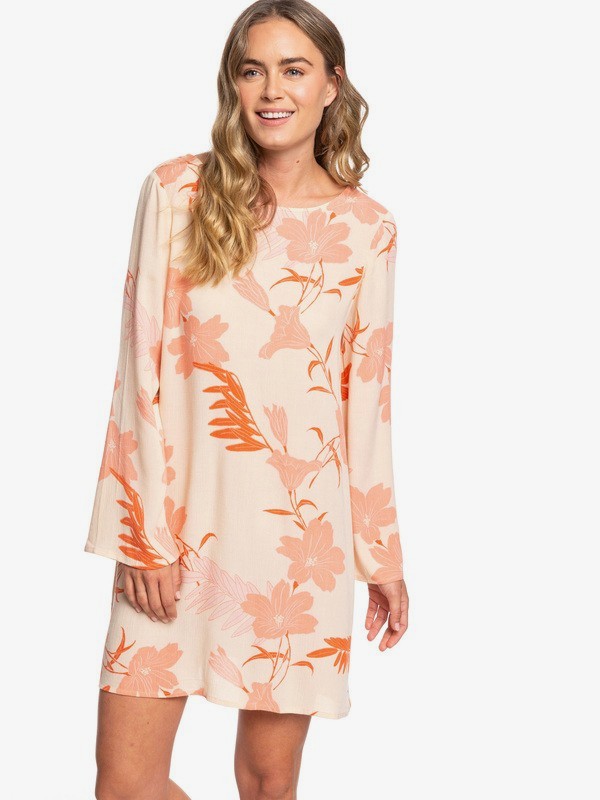roxy, Dusk Till Down Long Sleeve Floaty Dress, IVORY CREAM NAO FLOWERS (tfm6) 0 Dusk Till Down Long Sleeve Floaty Dress Beige ERJWD03382 Roxy