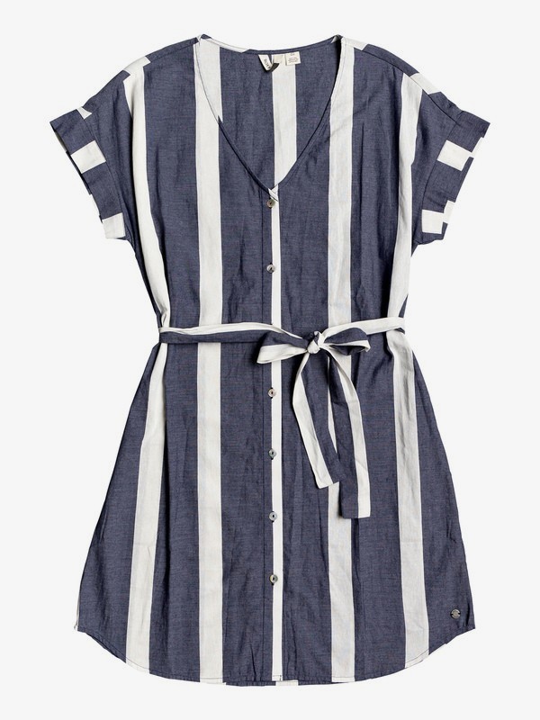roxy, Hear Me Now Short Sleeve Buttoned Dress, MOOD INDIGO SUNSHADE STRIPES (xbbb) 0 Hear Me Now Short Sleeve Buttoned Dress Blue ERJWD03383 Roxy
