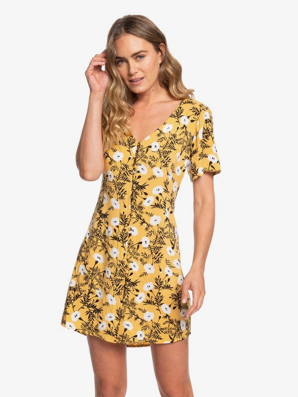 roxy, Damage Love Short Sleeve Buttoned Dress, HONEY GOLD HONEY (yjy6) 0 Damage Love Short Sleeve Buttoned Dress Yellow ERJWD03387 Roxy