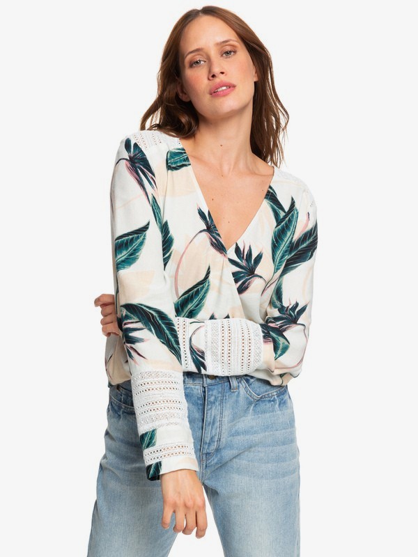 roxy, New Runaway Success - Haut manches longues croisé pour Femme, SNOW WHITE LUNAR FLOWER (wbk6) 0 New Runaway Success - Haut manches longues croisé pour Femme Blanc ERJWT03339 Roxy