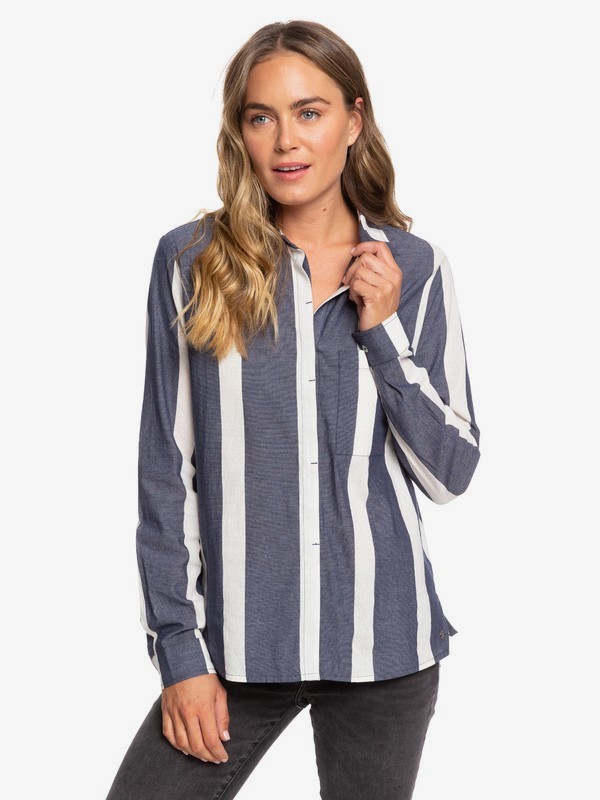roxy, Mess Is Mine Stripe Long Sleeve Shirt, MOOD INDIGO SUNSHADE STRIPES (xbbb) 0 Mess Is Mine Stripe Long Sleeve Shirt Blue ERJWT03363 Roxy